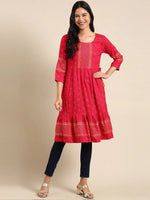 Women's Pink Embroidered Straight Kurta-AT-A-790-Pink