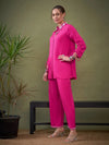 Women Fuchsia Collar Embroidered Shirt With Palazzos