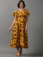 Women's Yellow Printed Maxi Dress-DW-9425-Mustard