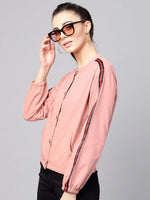 Women Solid Pink Round Neck Full Sleeve Jacket