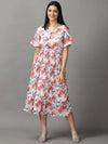 Women's White Floral Fit and Flare Dress-KG-592-Whitered