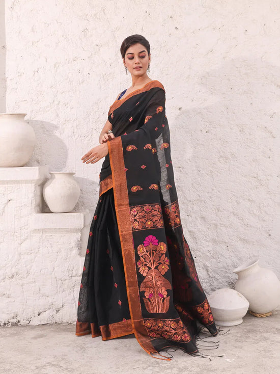 Black Cotton Saree With Woven Designs And Zari Border-MA54BCT041210044