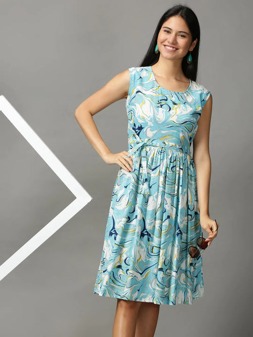 Women's Blue Printed Fit and Flare Dress-NJ-3005268A-Blue