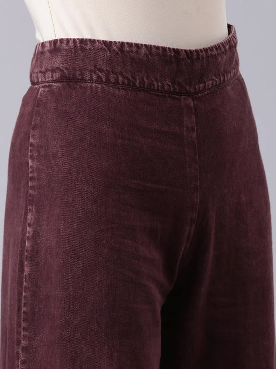 Women Burgundy Solid Wide Leg Denim Jeans-AE-10807-Burgundy