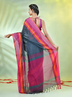 Grey Cotton Saree With Temple Borders-MA66CT43640009