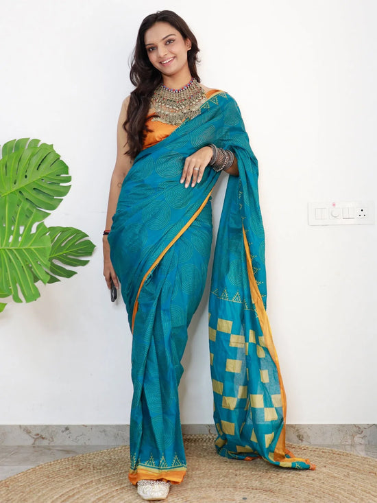 Saree Mall Women's Cotton Blue Printed Designer Saree With Blouse Piece-MINAXI7001