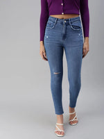 Women's Blue Solid Denim Slim Jeans-GZ-5163-Blue