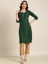 Women Green Striped Straight Kurta-DF-1576-Green