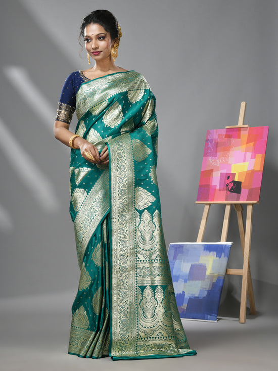 Teal Katan Silk Banarasi Saree With Ethnic Motifs And Zari Woven Designs-MA52KA441380068