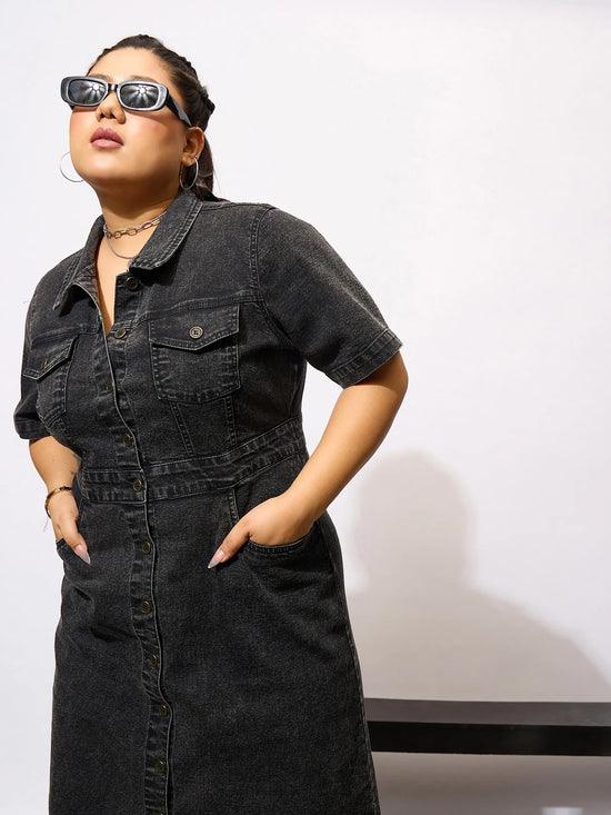 Women Black Denim Acid Wash Front Button Shirt Dress