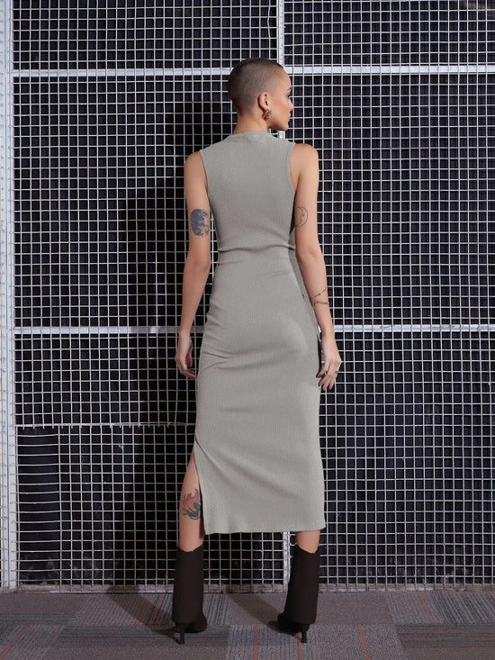 Women Grey Melange Side Slit Bodycon Midi Dress