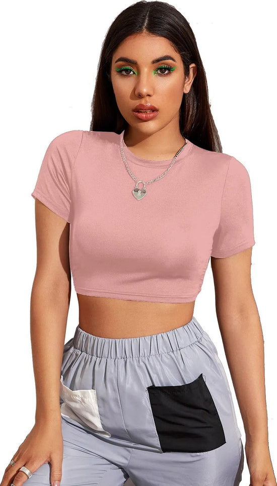 Aahwan Pink Polyester Round Neck Top-169-Pink-L