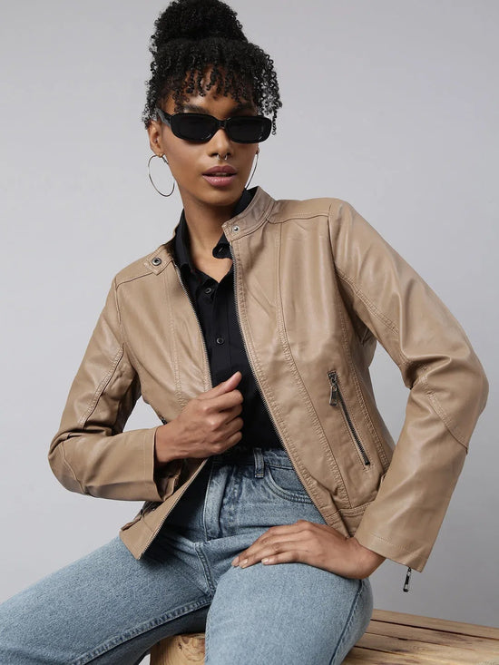 Women Solid Camel Brown Biker Jacket-8809-Camelbrown