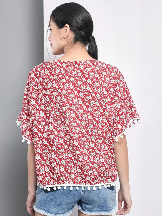 Red Floral Printed Pom Pom Shrug