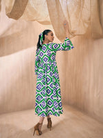 Women Green & Blue Ikat V-Neck Gathered Midi Dress