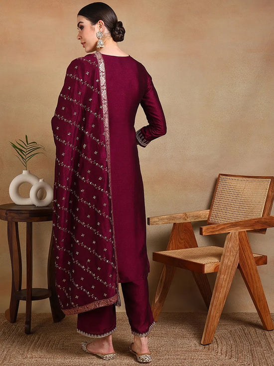 Ahika Women Burgundy Silk Blend Embroidered Straight Kurta Palazzo Set With Dupatta-PKSKD1816B_XS