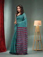 Teal Cotton Blend Handwoven Saree With Stripes Pallu-MA50BCT06550052