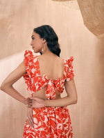 Women Orange Floral Back Knot Frill Maxi