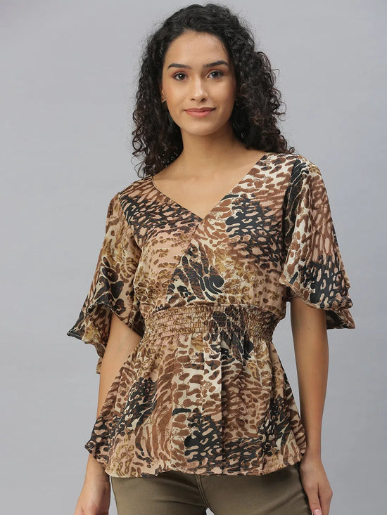 Women's Brown Printed Tops-AE-10306-B-Brownblack