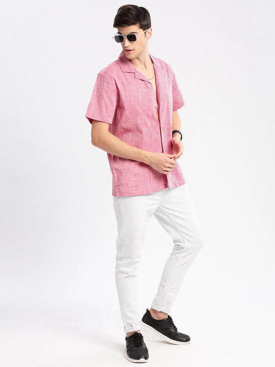 Men Cuban Collar Solid Pink Casual Shirt-CANDORE-2149-Pink