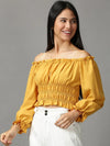 Women's Mustard Solid Cinched Waist Crop Top-GF-630-Mustard