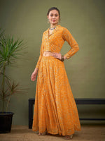 Women Yellow Floral Anarkali Skirt With Knot Crop Top