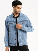 Men Blue Spread Collar Solid Denim Jacket-IB-DJ-07-1-Blue