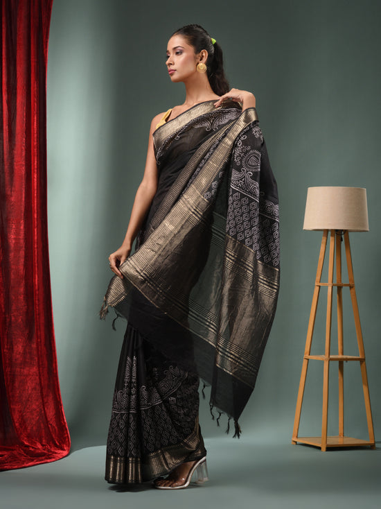 Black Blended Silk Handwoven Saree With Zari Border-MA50BSL34830110