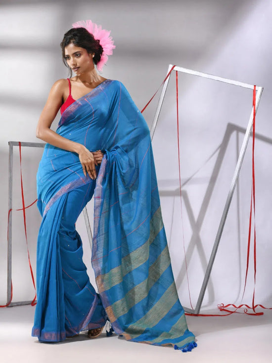 Blue Cotton Saree With Sequined Work-MA55CT06540005