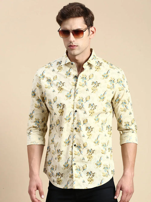 Men Beige Printed Casual Shirt-FLORIDAPRINT-4955-Beige