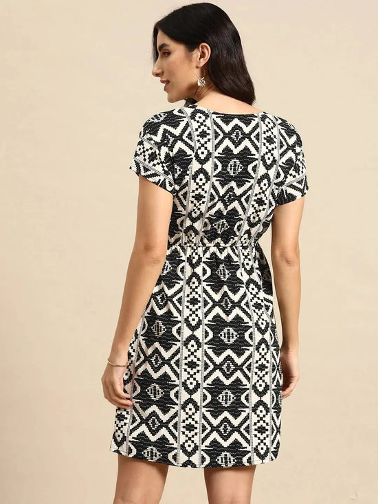 Overlap printed kimono sleeve short dress in Black and Cream Ikkat Print