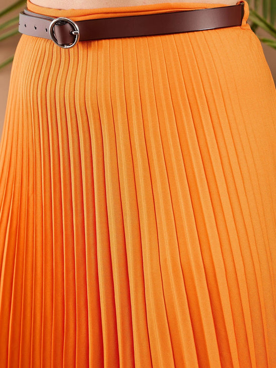 Women Orange Accordion Pleated Midi Skirt