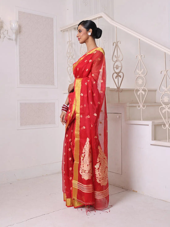 Red Cotton Saree With Zari Borders-MA64BCT401190052