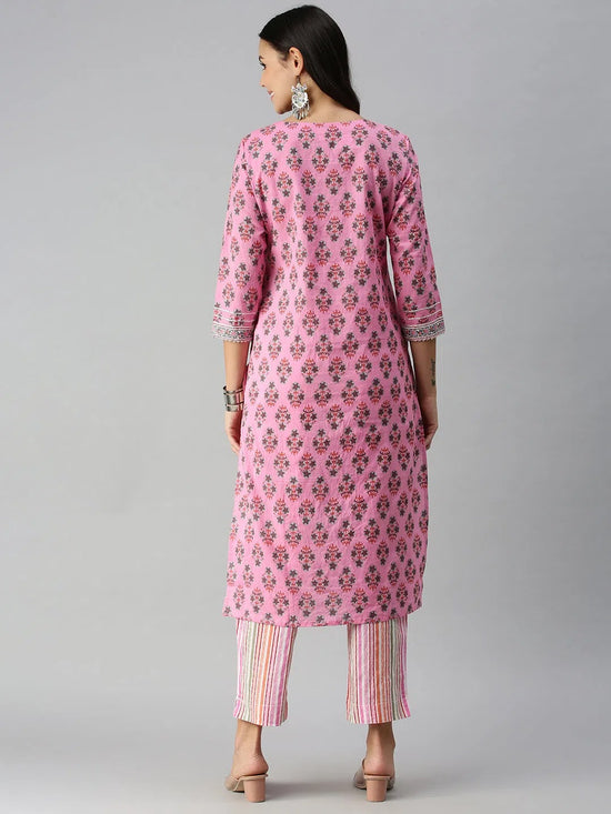 Women's Pink Striped Kurta Sets-SS-383-Pinkmulti