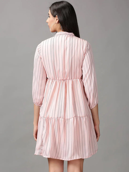 Women's Peach Striped Fit and Flare Dress-AE-15712-Peach