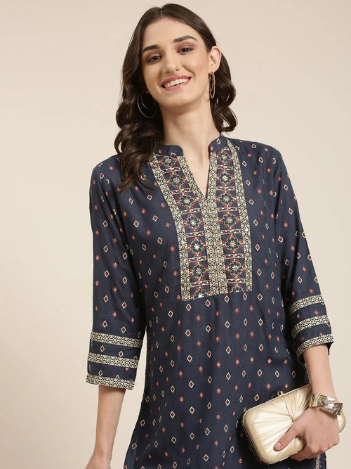 Women Navy Blue Geometrical Kurta Set-BC-SK-1110-Navyblue