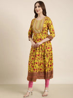 Women Anarkali Yellow Floral Kurta-AT-A1369-LG-Yellow