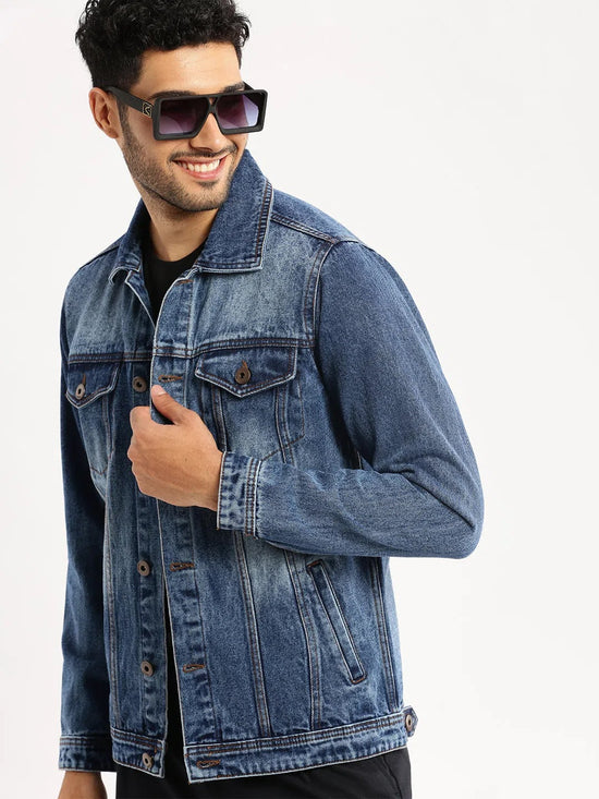 Men Blue Spread Collar Solid Denim Jacket-IB-DJ-07-6-Blue