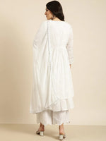 Women Anarkali White Floral Kurta and Sharara Set Comes With Dupatta and Potli Bag & Coat-GW-4031-White