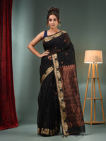 Black Cotton Blend Handwoven Saree With Woven Zari Border-MA50BCT061100034