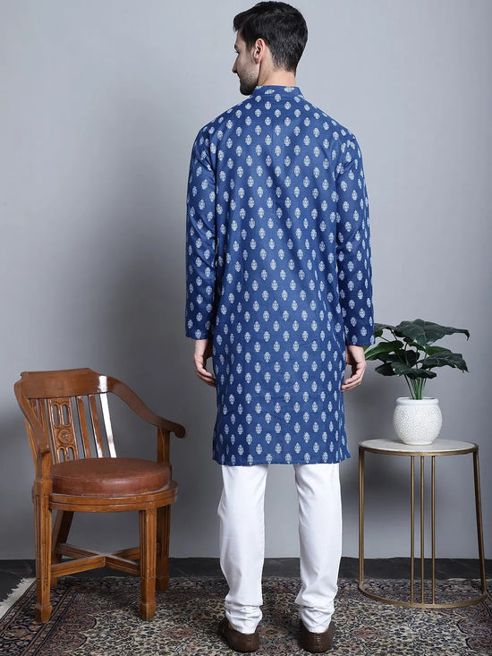 Men Navy and White Floral Printed Kurta with Churidar-JOKP-650Navy