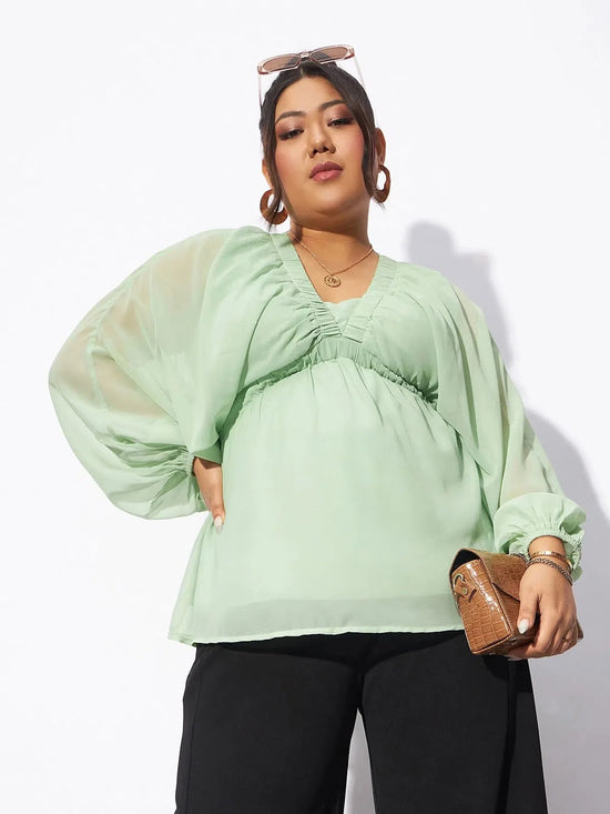 Women Mint Green V-Neck Peplum Top