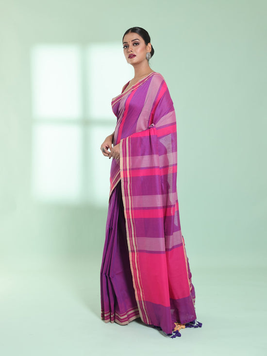 Dark Pink Cotton Saree With Stripes Design-MA59CT06530020