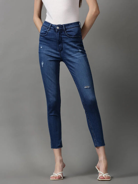 Women's Blue Solid Skinny Fit Denim Jeans-GZ-5187-Blue