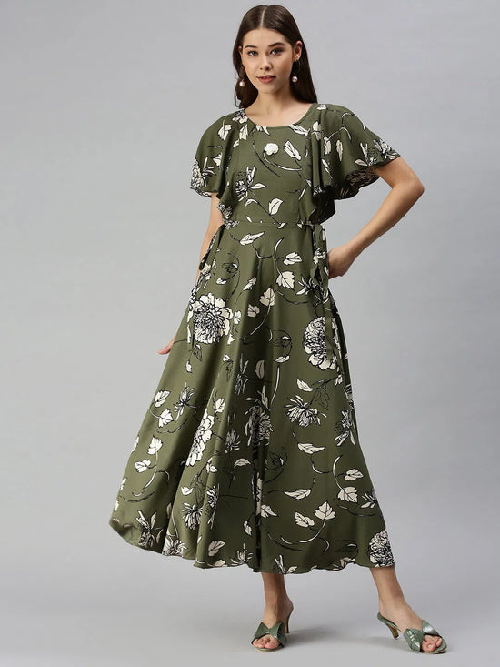 Women's Olive Printed Maxi Dress-DW-9431-Olive