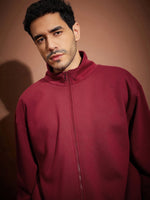 Men Maroon Front Zipper Oversized Sweatshirt