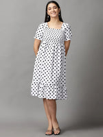 Women's White Polka Dots Fit and Flare Dress-ARN-6618-White