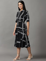 Women's Black Printed Fit and Flare Dress-AE-444133-Black