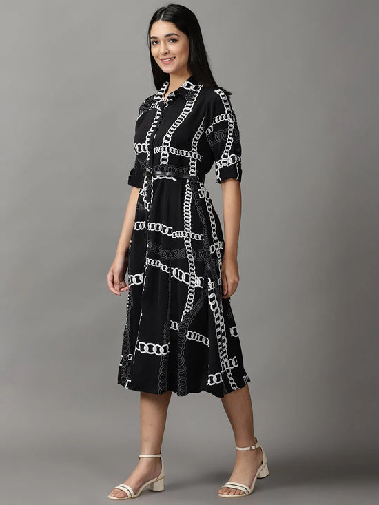 Women's Black Printed Fit and Flare Dress-AE-444133-Black