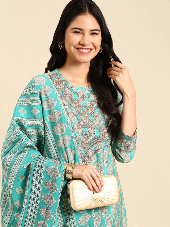 Women's Turquoise Blue Printed Kurta Set-GW-2931-Turquoiseblue